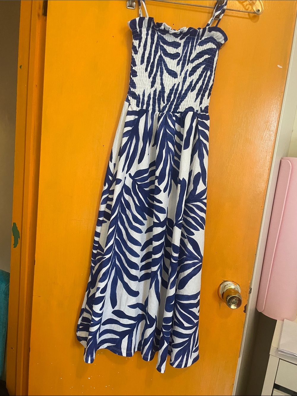 Blue & White Tropical Print Smocked Maxi Dress